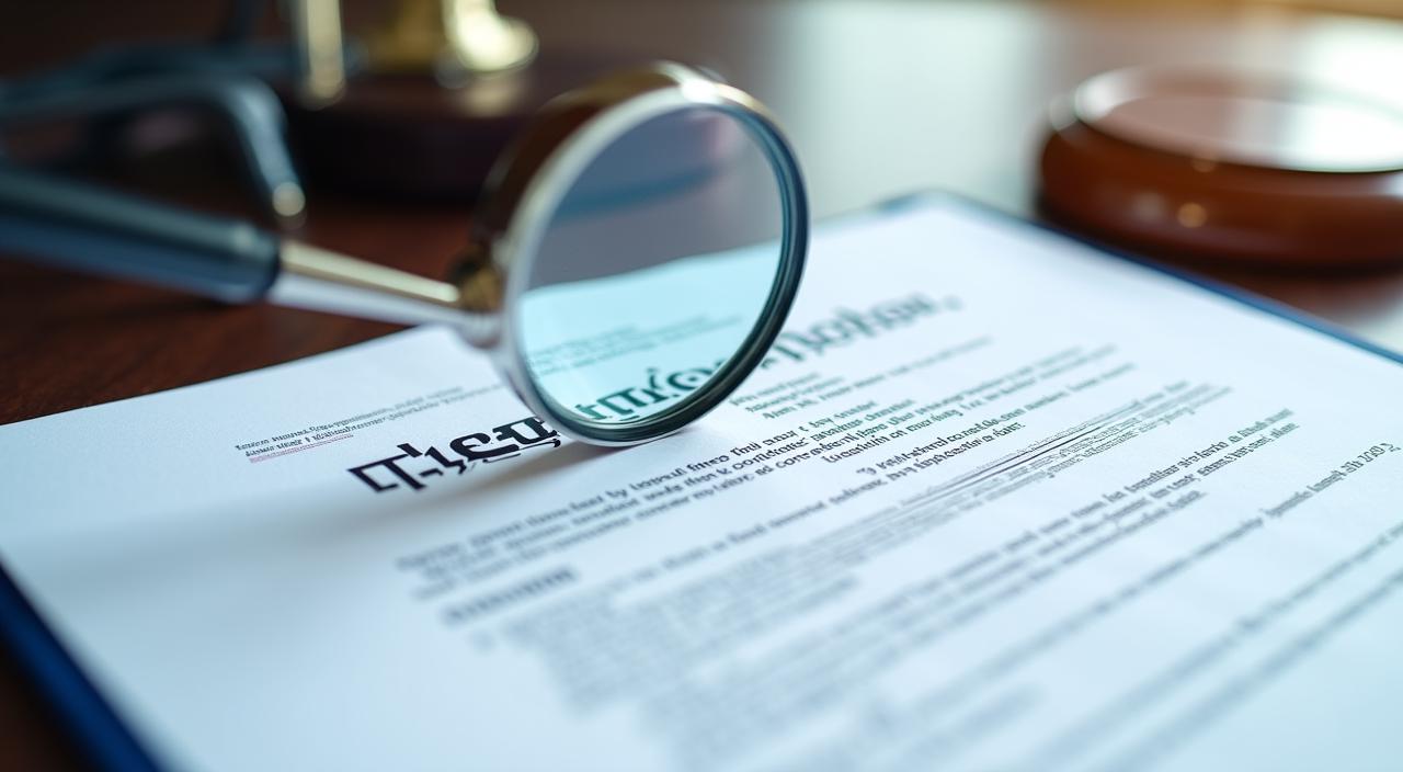 Close up of a legal document with a magnifying glass highlighting small print